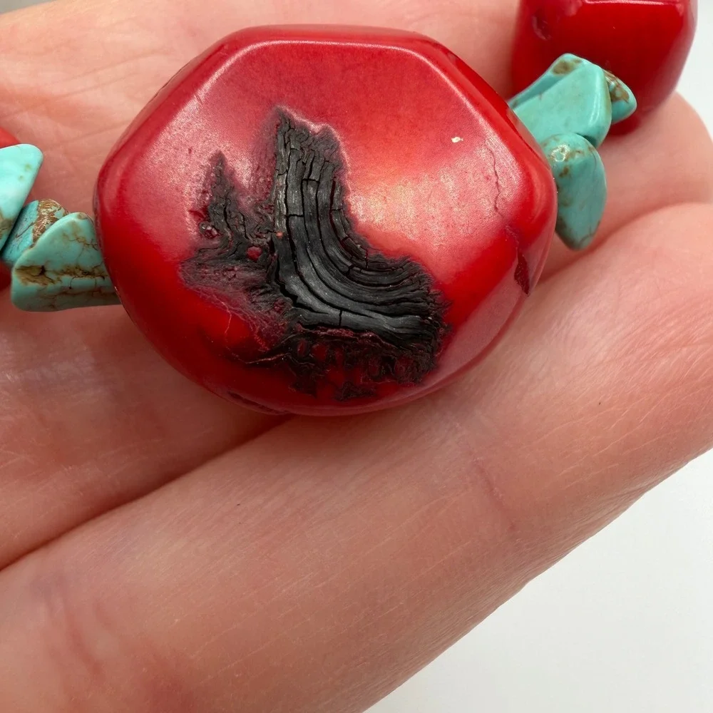Chunky Red Sponge Coral and Turquoise Nugget Statement Necklace Silver Tone
